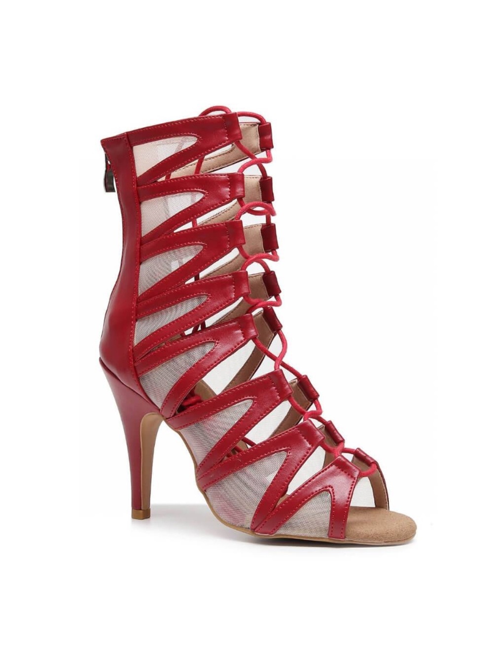Burju Vikky Red Vegan Leather Lace Up Open Toe Dance Boots Heels Suede Sole 8